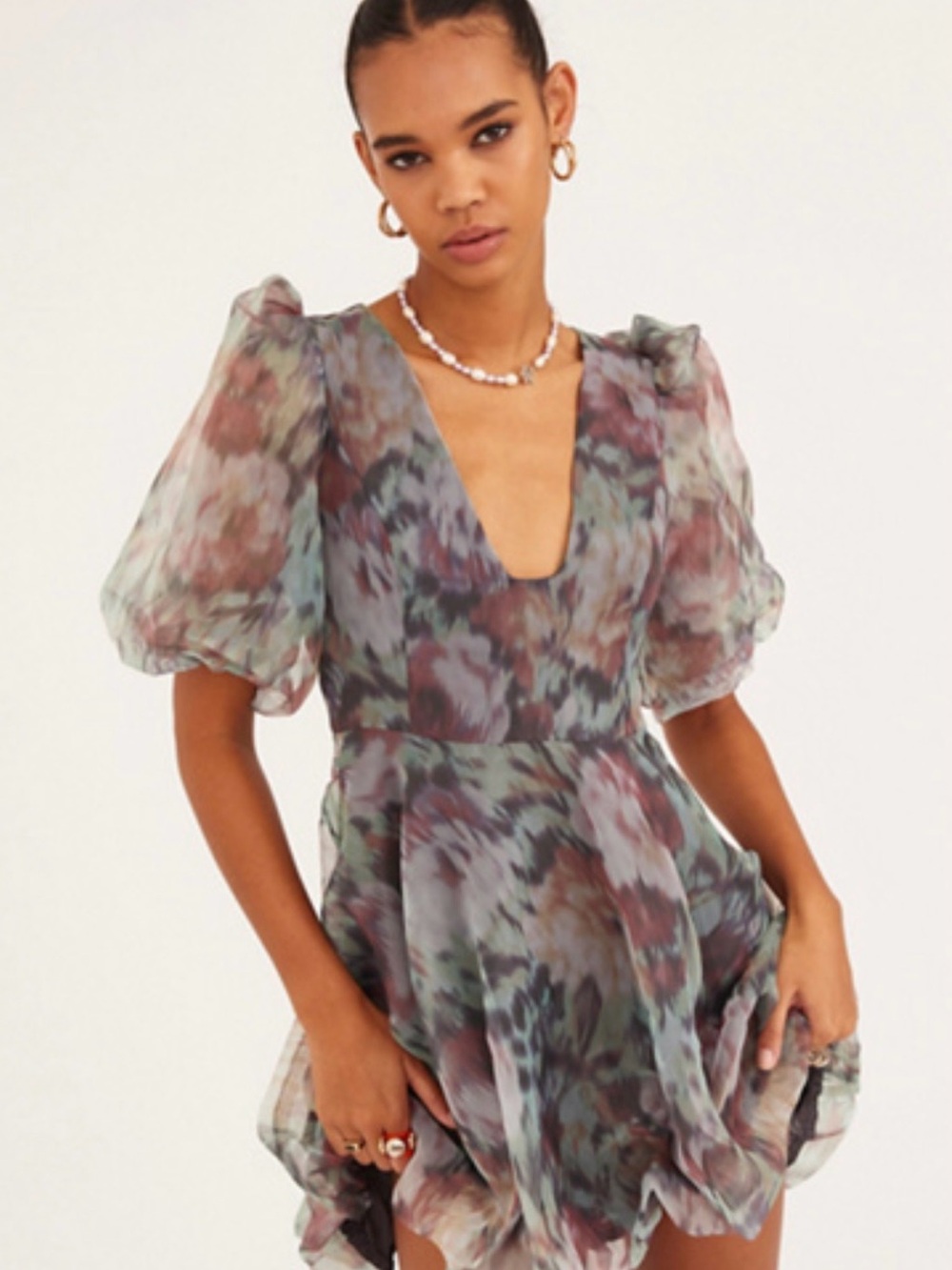 Urban Outfitters Green Multi Floral Puff-Sleeve Mini Dress